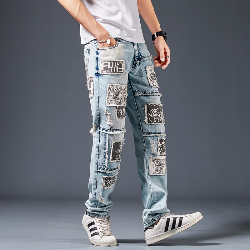 Spring Autumn Hip Hop Jeans Men High Street Fashion Brand New Blue Patch Print Stretch Fit Jeans Mens Jeans Trend Mens Jeans