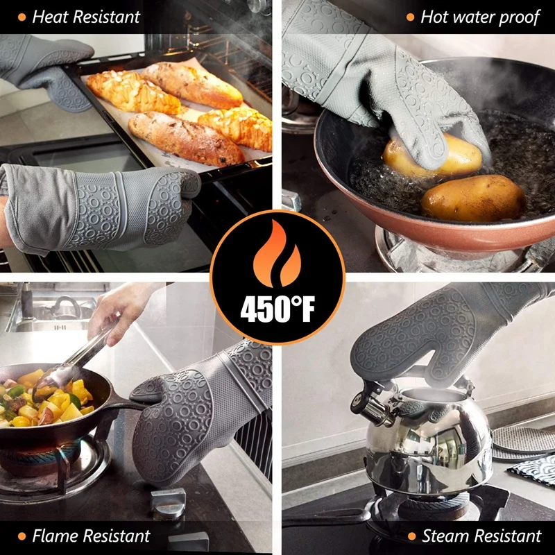 

6Pcs Extra Long Silicone Oven Mitts and Pot Holders Sets,Non Slip Heat Resistant Gloves for Kitchen Cooking