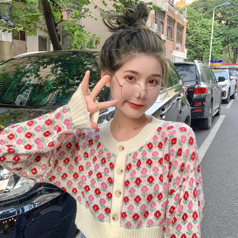 

Floral Sweater Coat 2021 Autumn Women Korean Designer Sweet Knitted Cardigan Female Spring Long Sleeve Chic Kawaii Short Coat