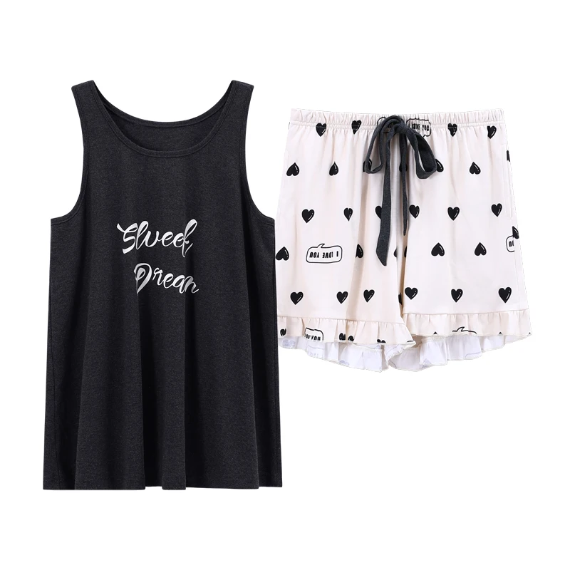 

Shorts Women Sleepwear Black Cool Girl Letter Print Homewear Summer Cotton Pajamas Set O-Neck Sleeveless Lingerie Tops+Nightwear