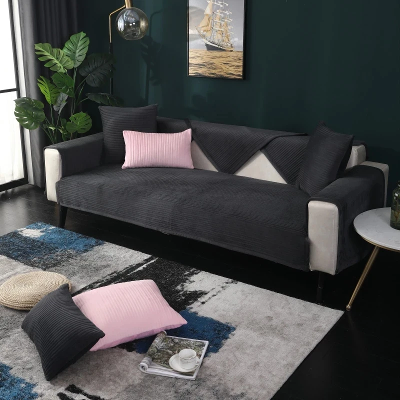 

2021 Plush Super Soft Sofa Covers for Living Room Solid Color Striped Couch Cushion L Shape Chair Seat Mat Home Furniture Cape