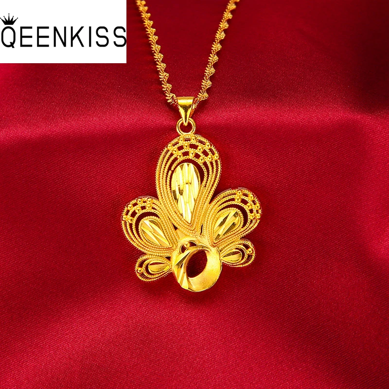 

QEENKISS NC5127 2021 Fine Jewelry Wholesale Fashion Woman Birthday Wedding Gift Exquisite Peacock 24KT Gold Pendant Necklaces