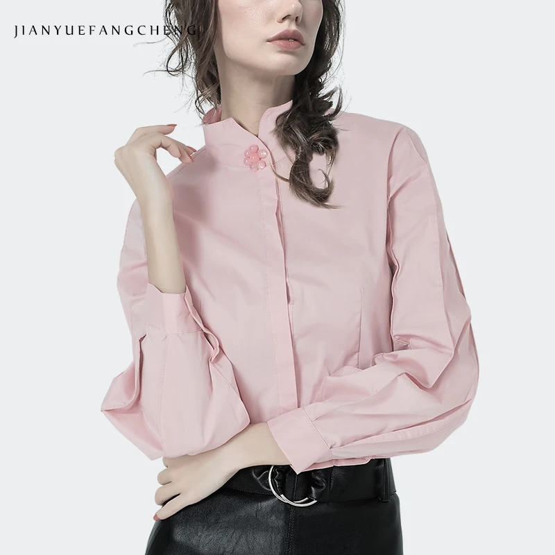 Pink Элегантная белая блузка, хлопок, Женский Топ, фонарь, длинный рукав, расшитая бисером, рубашка со стоячим воротником, весна-осень, офисная, рабочая одежда, блузки - Цвет: Pink