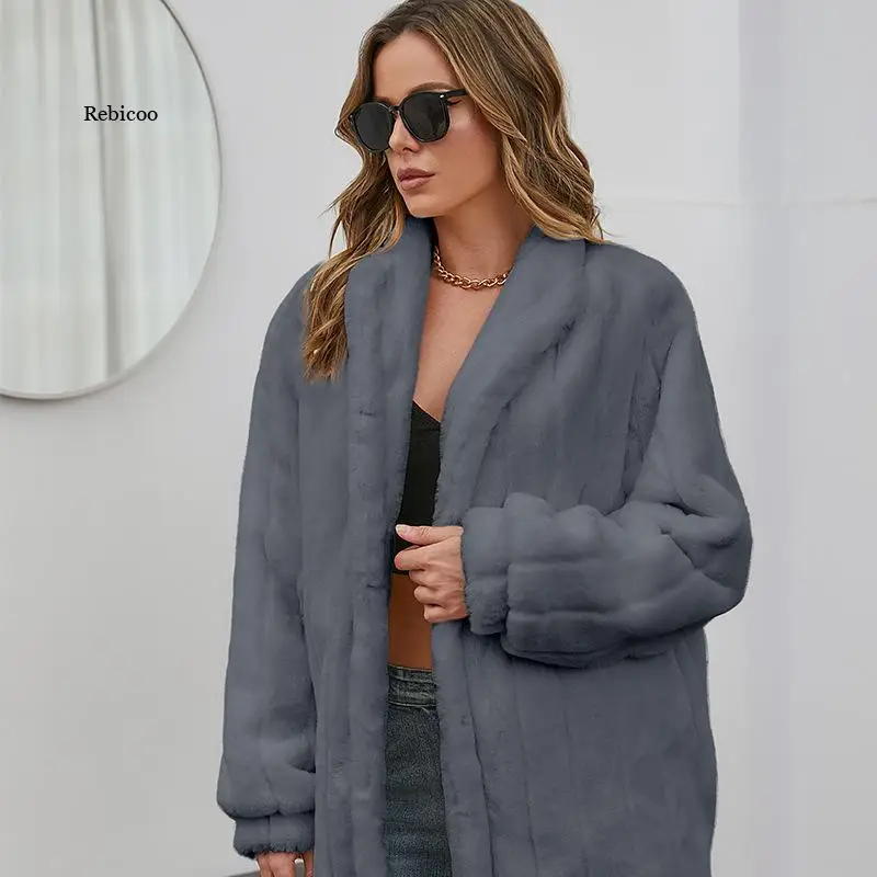 

Faux Fur Coat Women Casual Korean White Hoodies Furry Thick Warm Faux Rabbit Fur Jacket Female Stand-Up Collar Fleece Fur Coats