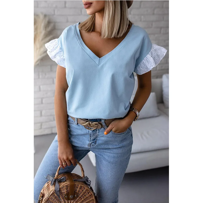 

2021 Summer New Loose Top V-neck Solid Short Sleeve Shirt Black Purple Pink Khaki White Blue Blouse
