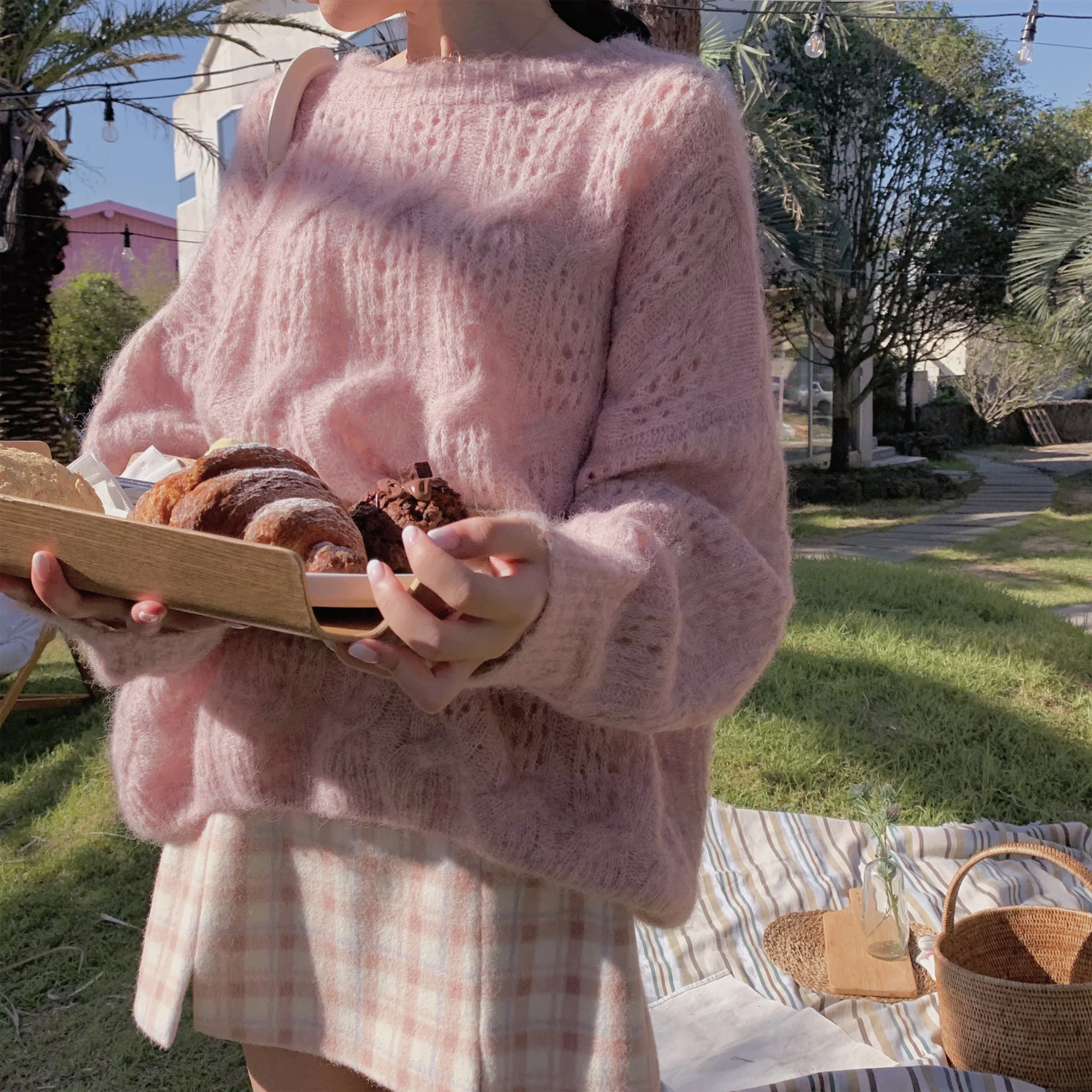 

White Chic Mohair Pullover Sweater Autumn 2020 Long Sleeve Hollow Out Sweater O-neck Casual Pullovers Women Jumper Sweet Sweater