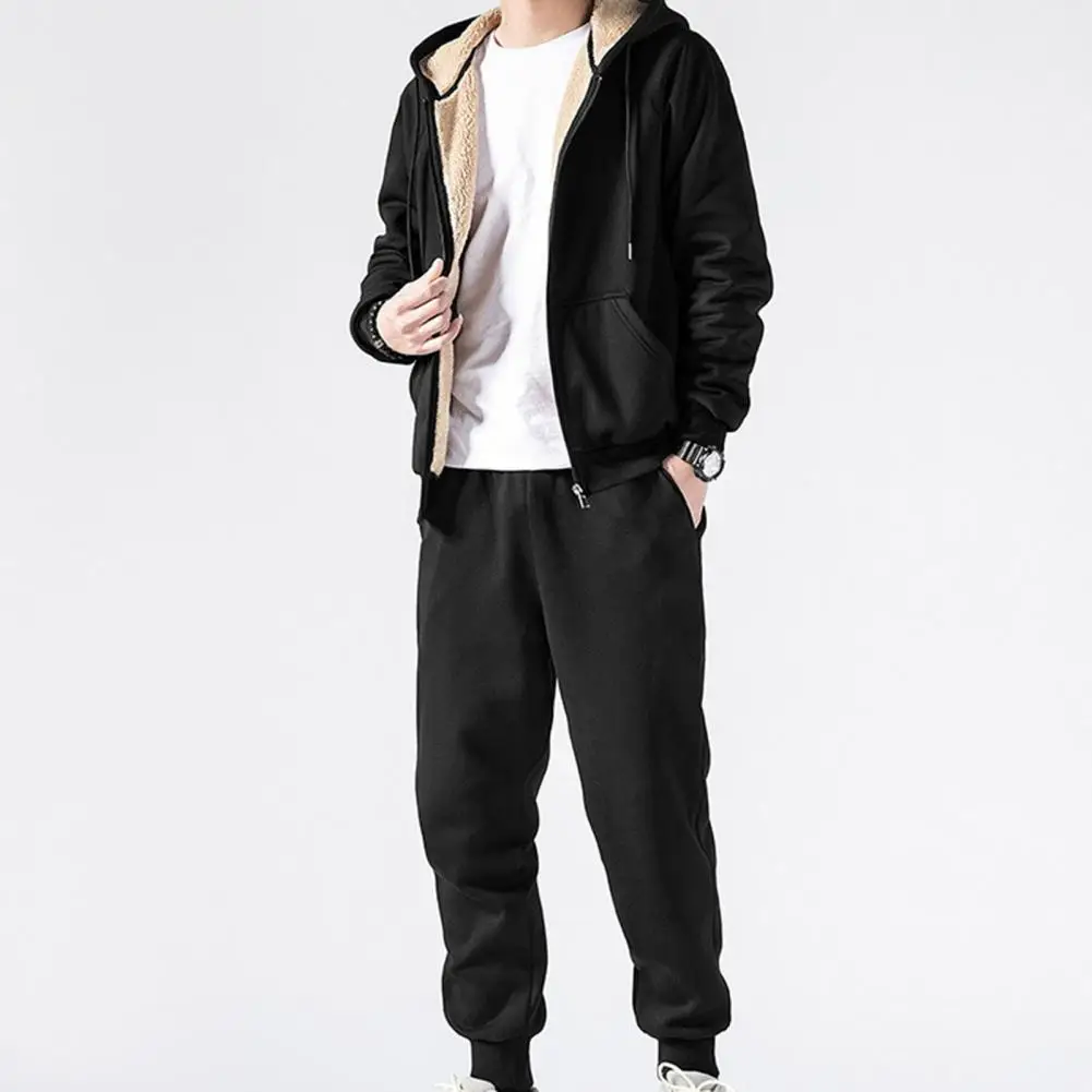 

Sports Running Set Men's Hooded Coat Pants Set Solid Color Long Sleeve Velvet Lining Zipper Autumn Pants Tracksuit Sportswear