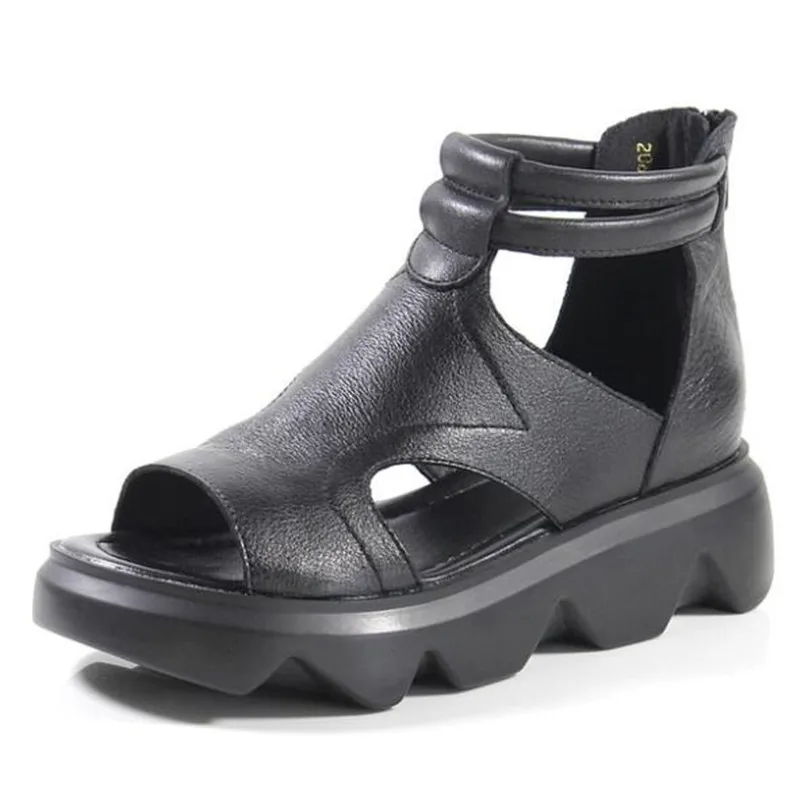 

Женские босоножки из воловьей кожи, сандалии с открытым носком на толстой танкетке, лето 2022