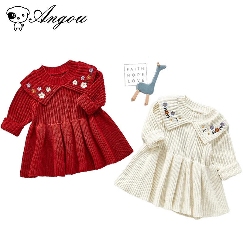 

Angou Embroidery Inant Baby Girls Princess Dress Long Sleevs Flower Knitted Sweater Warm Dresses Ruffle Toldder Baby Clothes