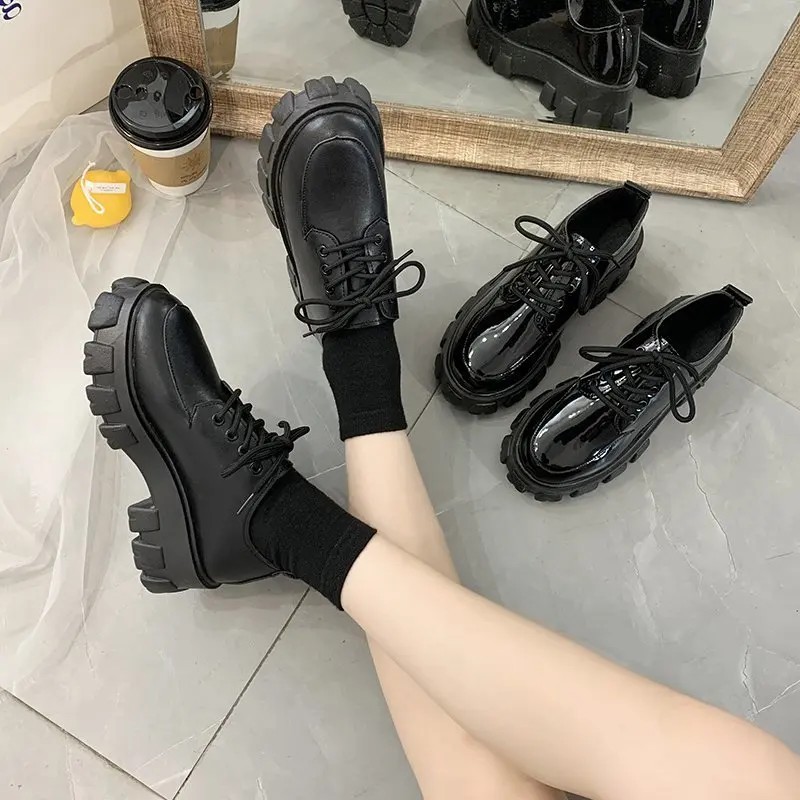 

Spring Autumn Women Oxford Shoes Flat on Platform Casual Shoes Black Lace Up Leather Shoes Sewing Round Toe zapatos mujer