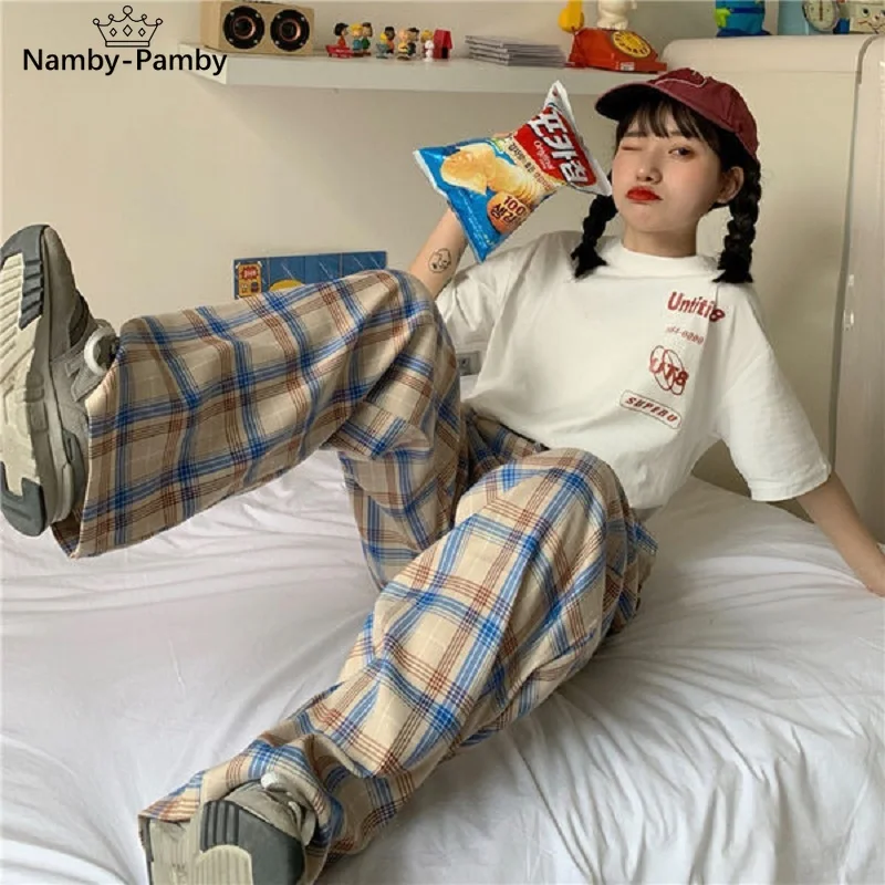 

Harajuku Plaid Pants Women Korean Style Wide Leg Checked Trousers High Waist Soft Girl Casual 2021 Fashion Sweatpants