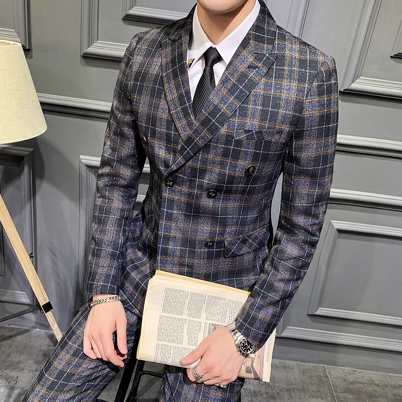Костюм мужской Клетчатый облегающий Свадебный Дизайнерский жениха комплект из 3