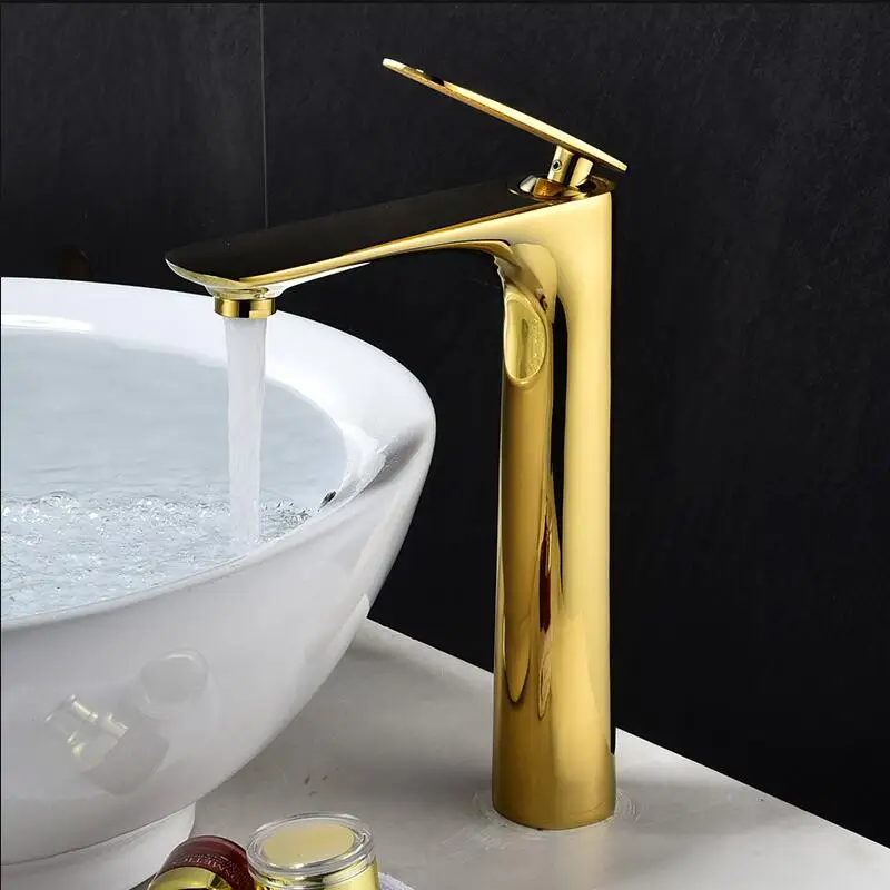 

Смесители для раковины Tuqiu, золотой кран для раковины в ванную комнату, одна ручка, высокий латунный водопроводный кран
