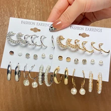 17KM Vintage Gold Silver Color Pearl Hoop Earrings Set For Women Geometirc Butterfly Hoop Earrings Brincos 2021 Trend Jewelry