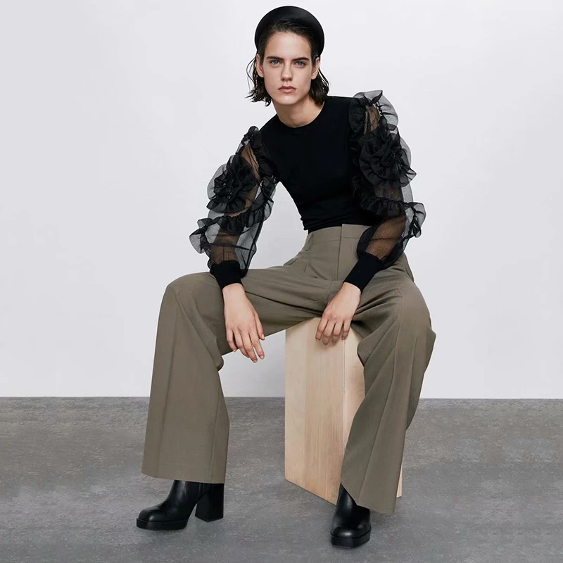 ZA осенний Новый женский свитер 2019 модный круглый вырез органза длинный рукав в