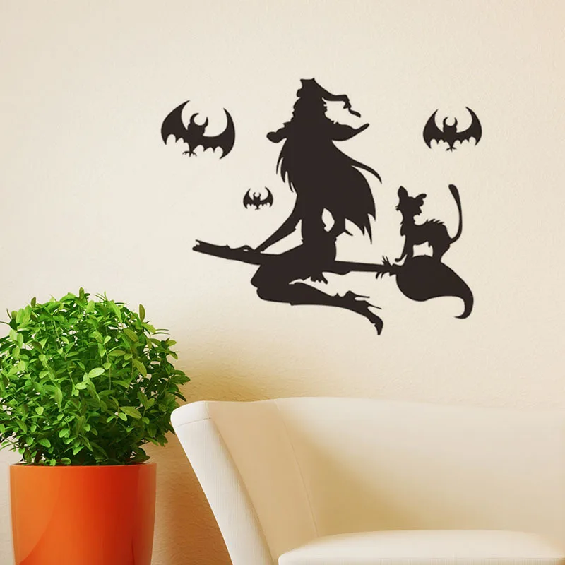 

Bat Witch Black Cat Wall Stickers for Shop Home Decoration Diy Window Decal Halloween Festival Vinyl Posters Mural Art Kids Gift