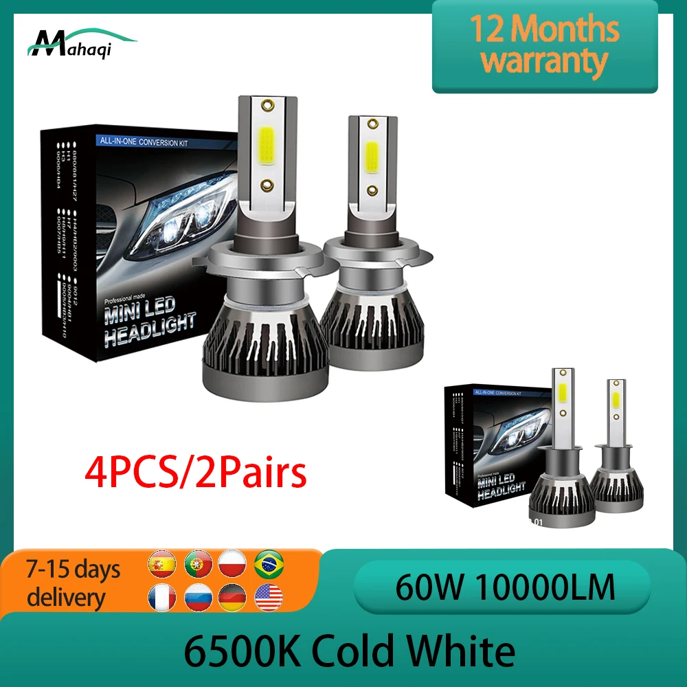 

4PCS H1 LED H7 LED 60w 10000lm Car Haedlight Bulbs H4 H8 H9 H10 H11 Lamp 9005 9006 9012 6500k Auto Waterproof Fog Light Bulb