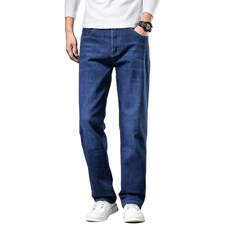 Autumn New Men's Lyocell Light Blue Jeans Plus Size 40 42 44 46 Loose Straight Denim Pants Male Classic Brand Trousers Male