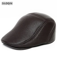 siloqin high quality genuine leather hat men fashion first layer sheep skin berets adjustable leisure motion brand winter caps