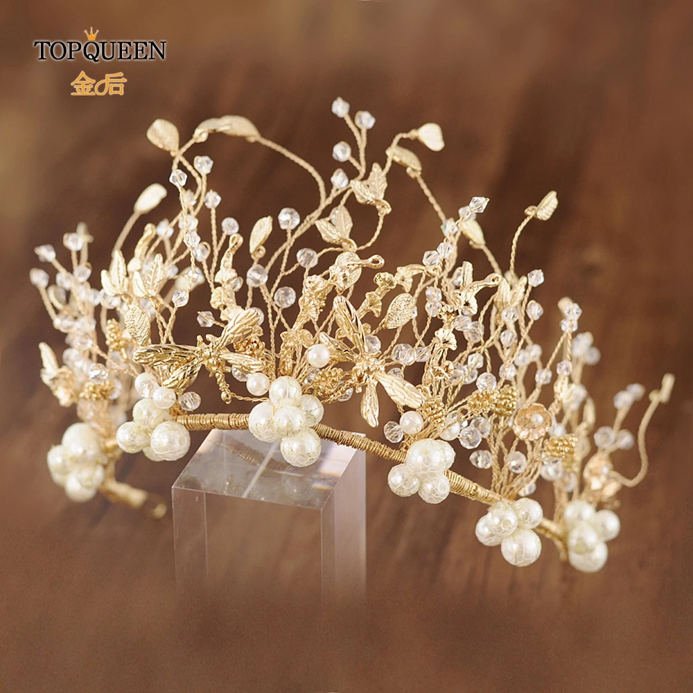 TOPQUEEN свадебная тиара и корона жемчужные украшения для волос невесты ручной