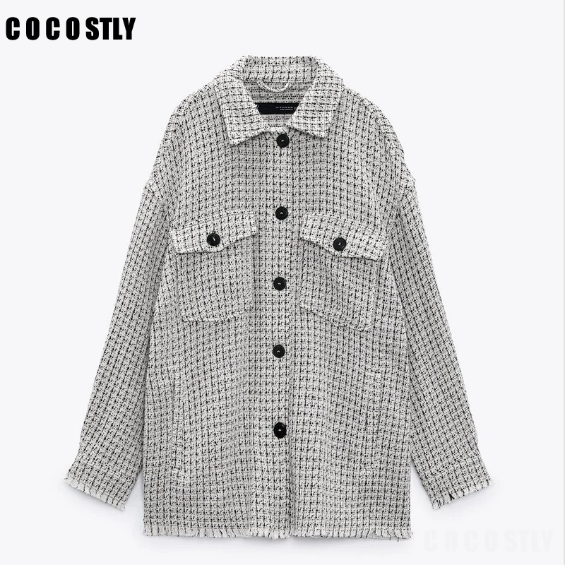 

New Autumn Za Women Vintage Plaid Textured Jacket Long Sleeve Casual Coat Fashion Pocket Lapel Loose Shirts Jackets Outerwear