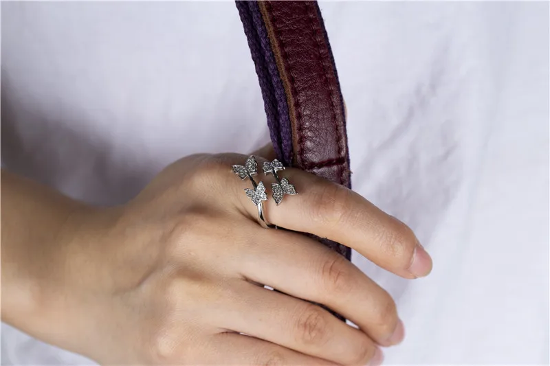 Женское Открытое кольцо в виде бабочки из серебра 100% пробы с изменяемым размером