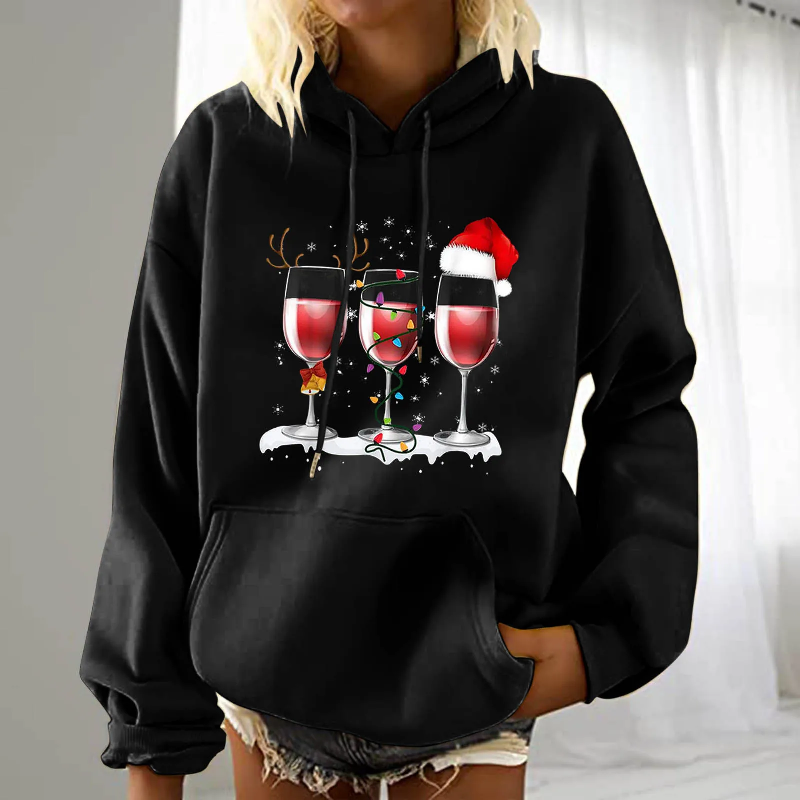 Худи женское рождественское в стиле Харадзюку свитшот с принтом красного вина и