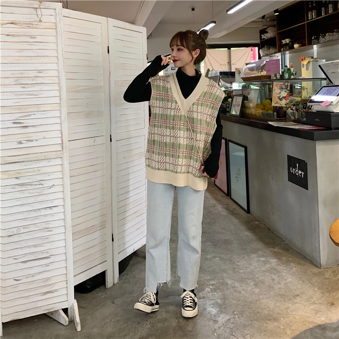 

Knit Pullover Vintage Vest Vestido Japan Preppy Style Outwear Winter Autumn Women Top V-necked Sleeveless One Size Loose C8