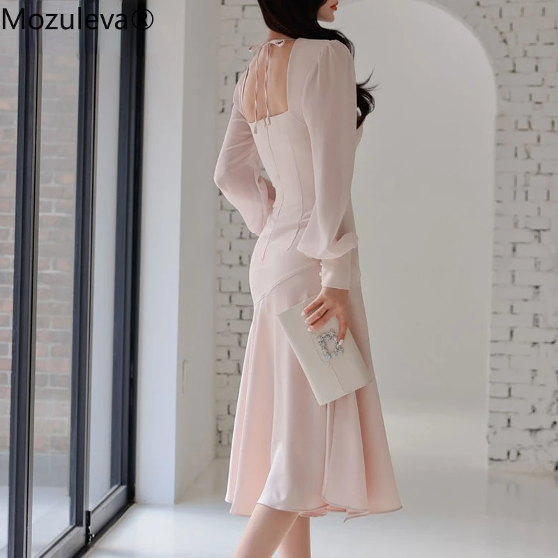 Женское платье с квадратным вырезом длинным рукавом и тонкой талией | Женская