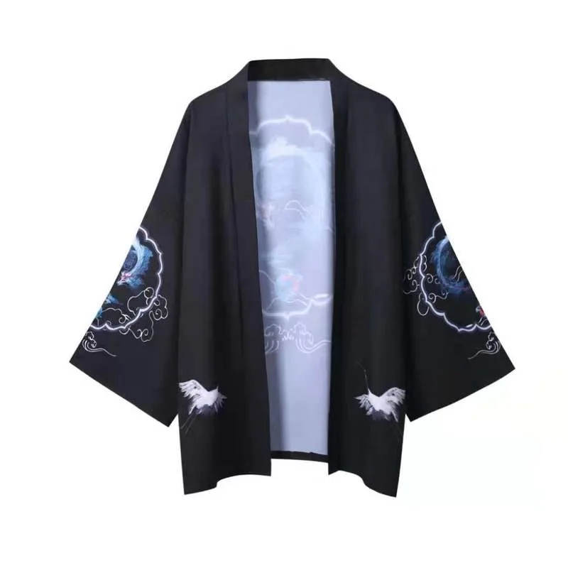 

Japanese Harajuku Dragon Crane Print Cardigan Cosplay Costume Plus Size Casual Fashion Streetwear Chinese Style Loose Tops Shirt