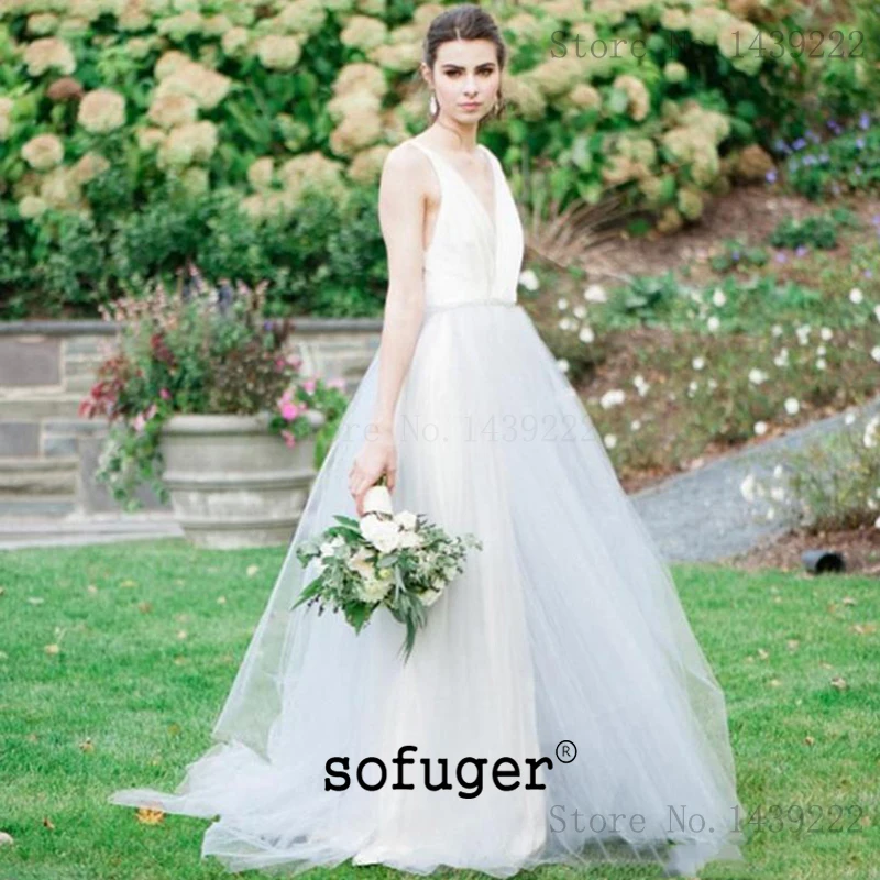 

White V Neck Court Train Wedding Dress Beads Belt Backless Bridal Gown Spaghetti Straps Robe De Mariee Sofuge Boho