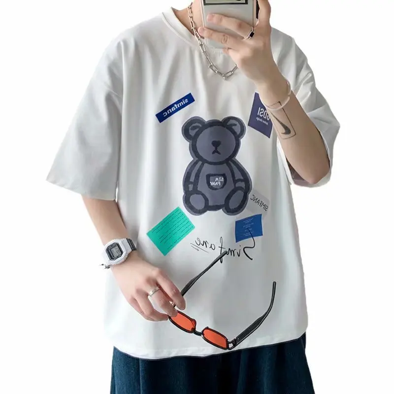 

Short-sleeved t-shirt boys summer round collar loose simple casual blouse ins hong Kong wind print cub T-shirt