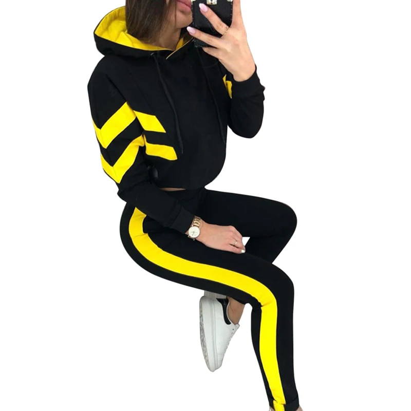 yellow Полосатые костюмы для бега, спортивный костюм с капюшоном для женщин, осень, спортивный костюм с длинным рукавом для женщин, комплект из 2 предметов, модная одежда, спортивная одежда - Цвет: yellow