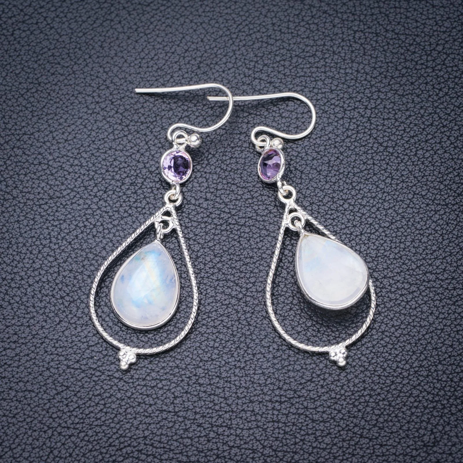

StarGems Natural Moonstone Amethyst Handmade 925 Sterling Silver Earrings 2" E5612