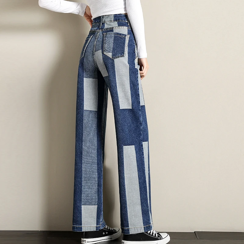 Европейская мода Контрастность Цвет широкие брюки джинсы для женщин женские