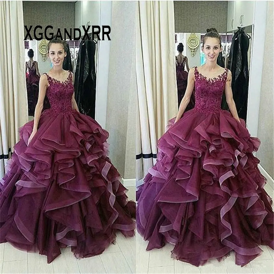 

Burgundy V Neck Lace Ruffle Ball Gown Organza Quinceanera Dress 2020 Sweet 15 16 Gowns Girls Birthday Party Gala Custom made