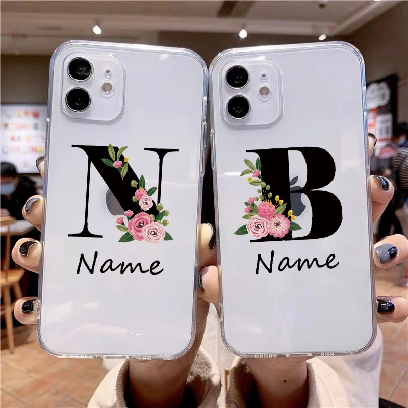 flowers diy for iphone 11 12 13 pro mini custom capital letters name phone case for x xs max xr 7 8 plus se new silicone cover free global shipping