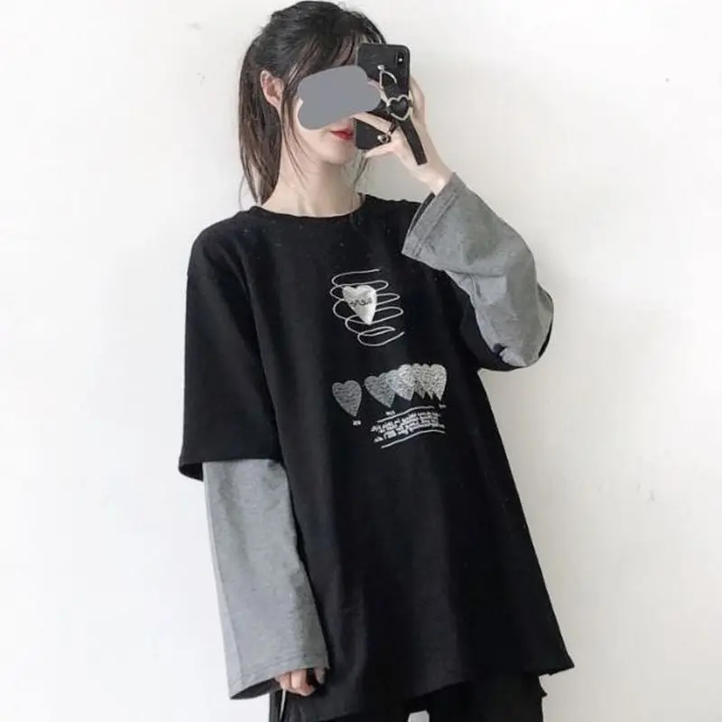 

Harajuku printed t-shirt women long-sleeved fake two-piece t-shirts 2021 spring Korean high street preppy style loose casual top
