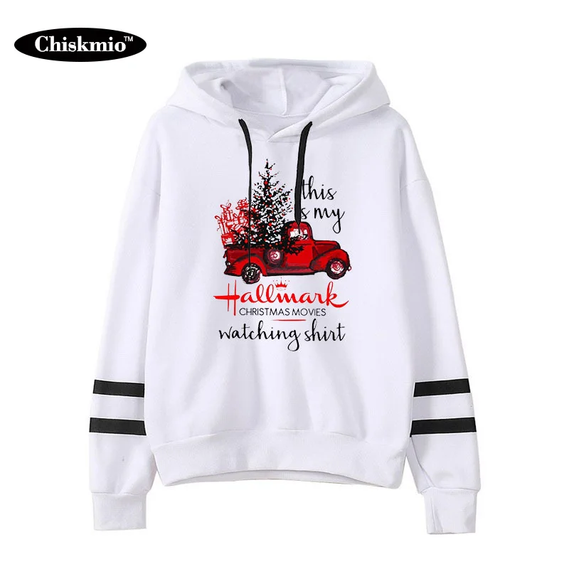 

Chiskmio Christmas Sweatshirt Women Drawstring Hoodies Letter Print Tops Casual Striped Long Sleeve Pullovers Ladies Streetwear
