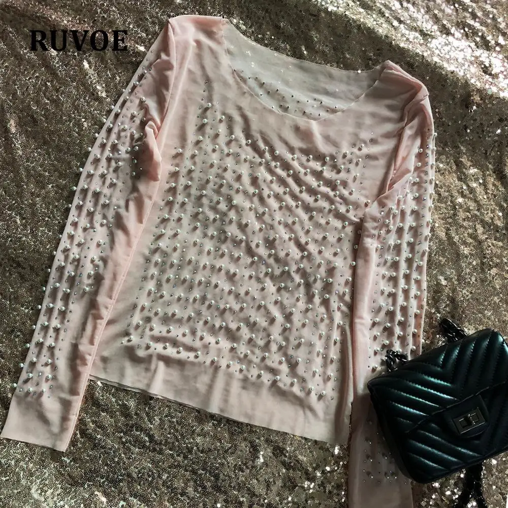 

New Mesh Sheer Beading Tops Long Sleeve Transparent Shirt Women Pearls Blouse Pullover Tops Plus Size blusa feminina MGN-041