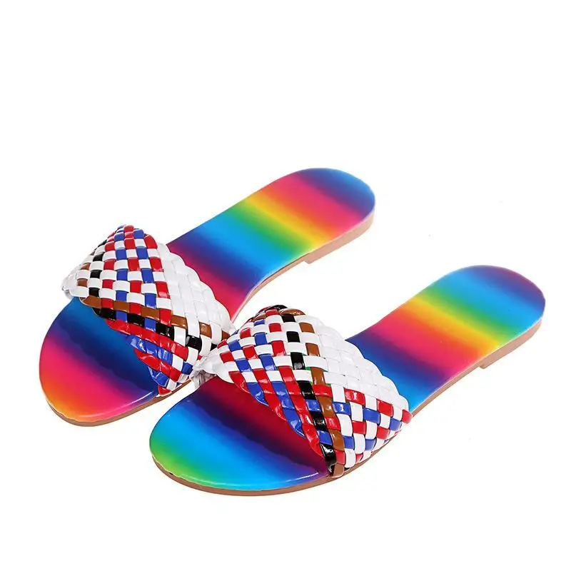 

2021 summer outer size plus size new flat woven colorful slippers female rainbow sandals in stock
