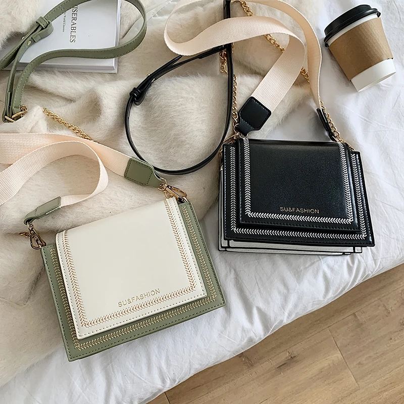 Кожаные сумки через плечо контрастных цветов для женщин 2021 дорожная сумка модная