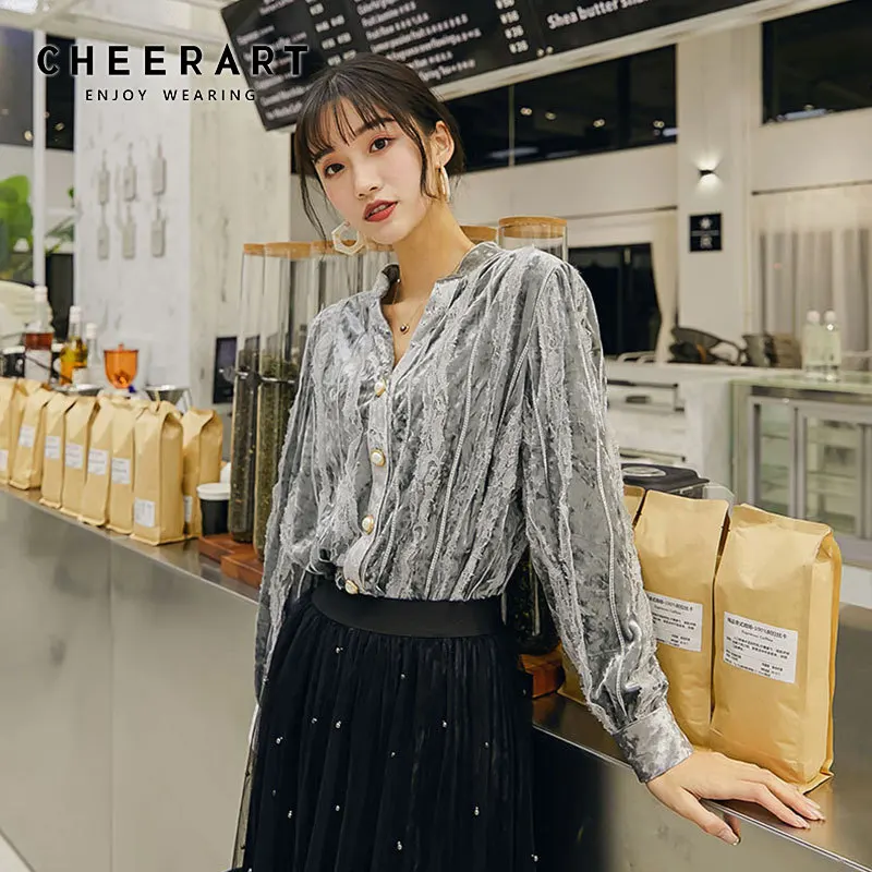 CHEERART V Neck Velvet Blouse Long Sleeve Lace Patchwork Ladies Top Vintage Fall Korean Fashion Clothing | Женская одежда