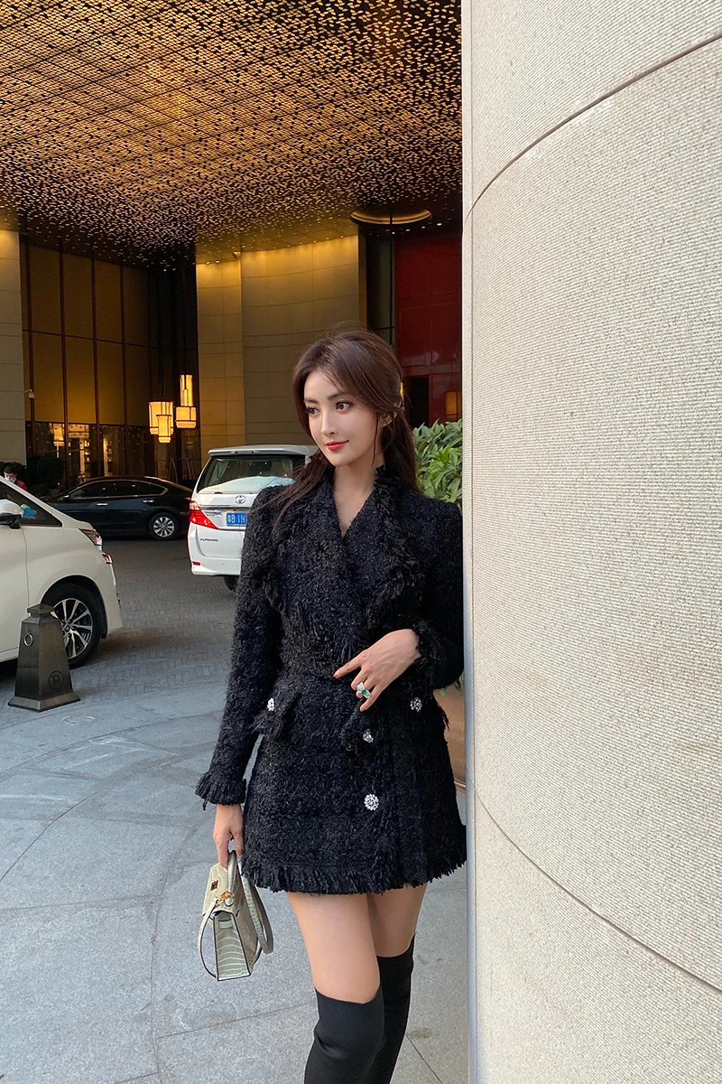 

fashion Lapel waist down jacket woolen medium length waist down top