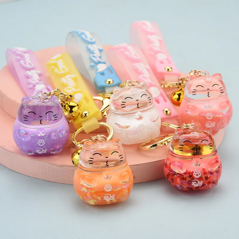

Creative Lucky Cat Transparent Floating Bottle Keychain Women Girls Cute Acrylic Doll Key Chain Bag Car Pendant Keyring Gifts