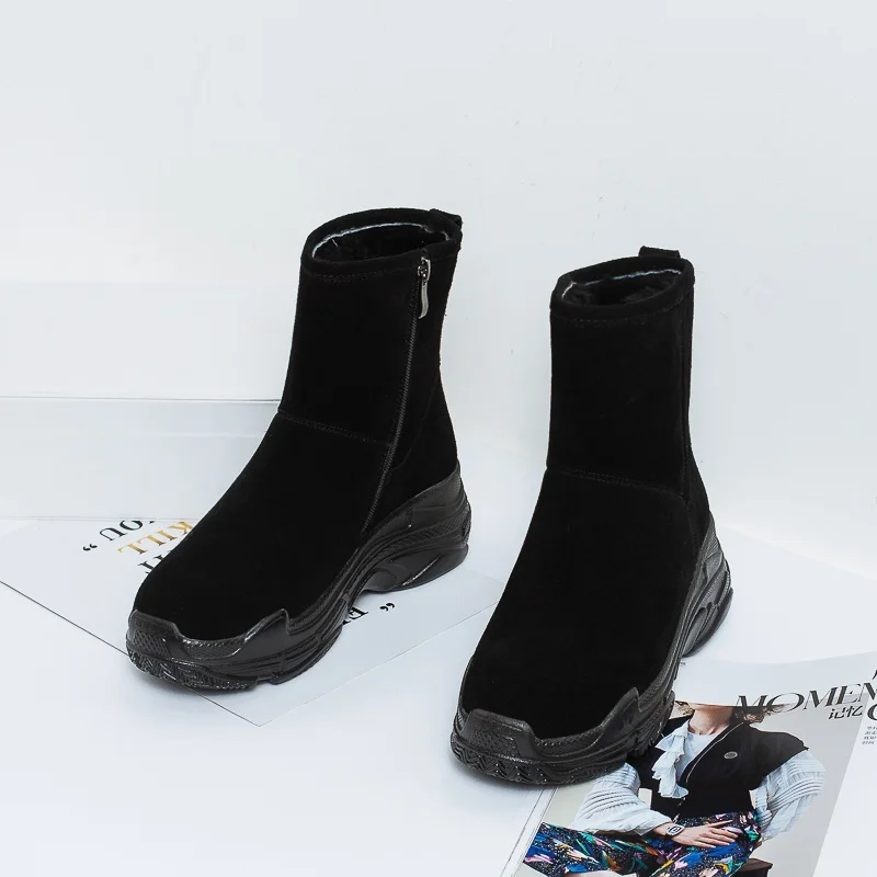 full black EGONERY/Новинка года; зимние ботинки из натуральной шерсти; теплые женские ботинки на молнии с круглым носком на платформе и высоком каблуке из коровьей замши; Прямая - Цвет: full black