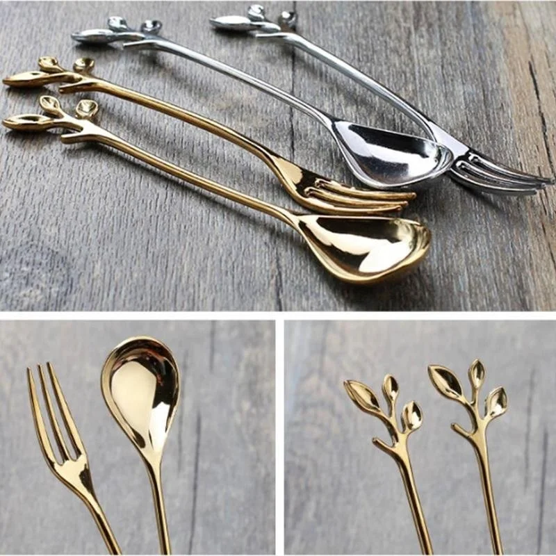 1PC Alloy Gold Shaped Leaves Silver Copper Coffee Forks Fork Kitchen Cutlery Dining Room Snack Bar Sweet Dinner Set 12cm
