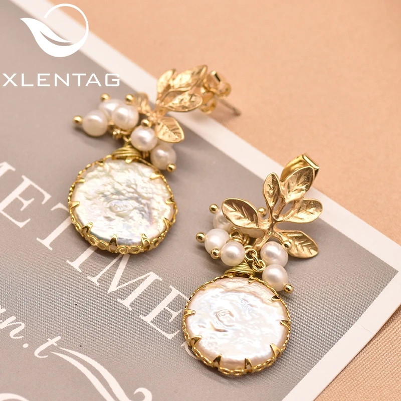 XlentAg Natural Fresh Water Baroque Pearl Drop Earrings Women Plant Leaves Dangle Earrings Luxury Handmade Fine Jewelry GE0308