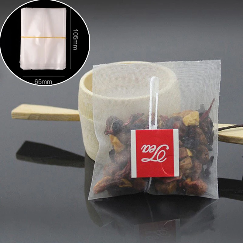 

100pcs/lot Pyramid Tea Bags Filter Nylon Teabags Single String With Label Transparent Packing Bag
