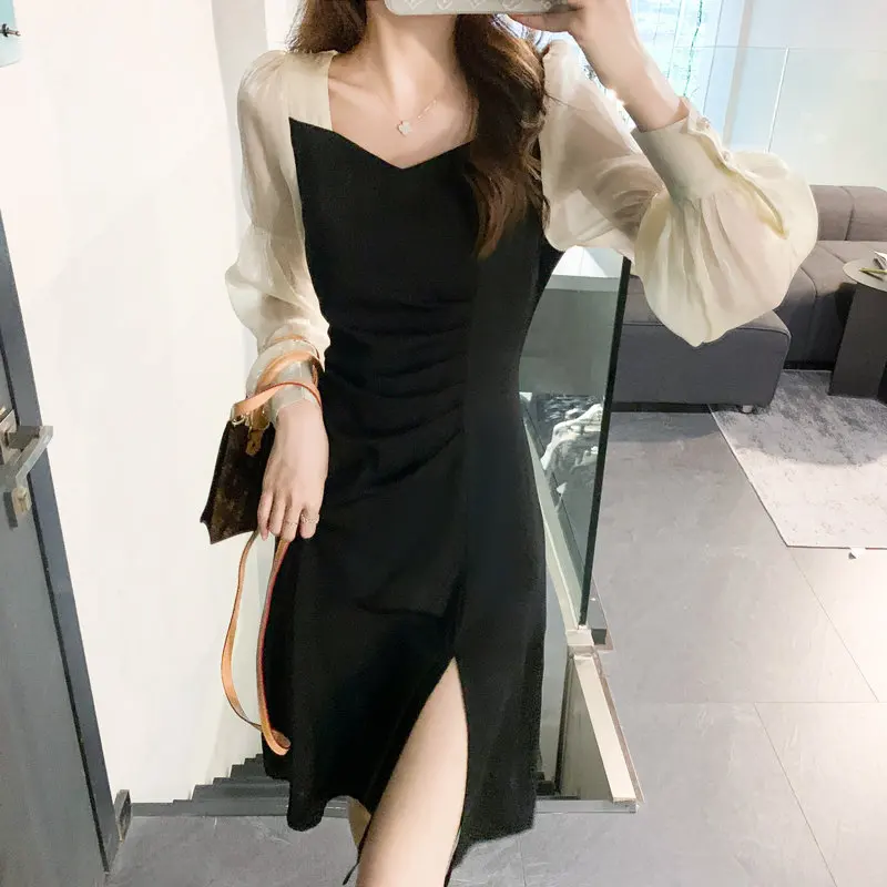 

Vintage Chiffon Vestido Female O-Neck Florals Print Spring Dress Women Elegant A Line Midi Dress Korean Long Sleeve Women Dress
